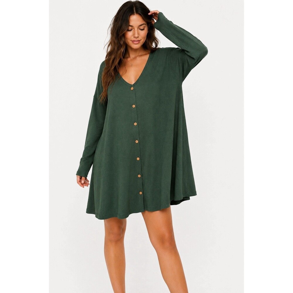 ASOS‎ Green Oversized Swing Dress US 4 Tall Long Sleeve Button Front Jersey Mini